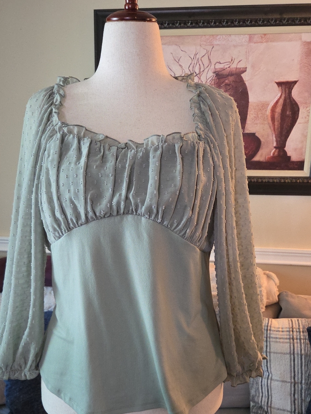 Chenault Sage Green Long Sleeve Peasant Blouse